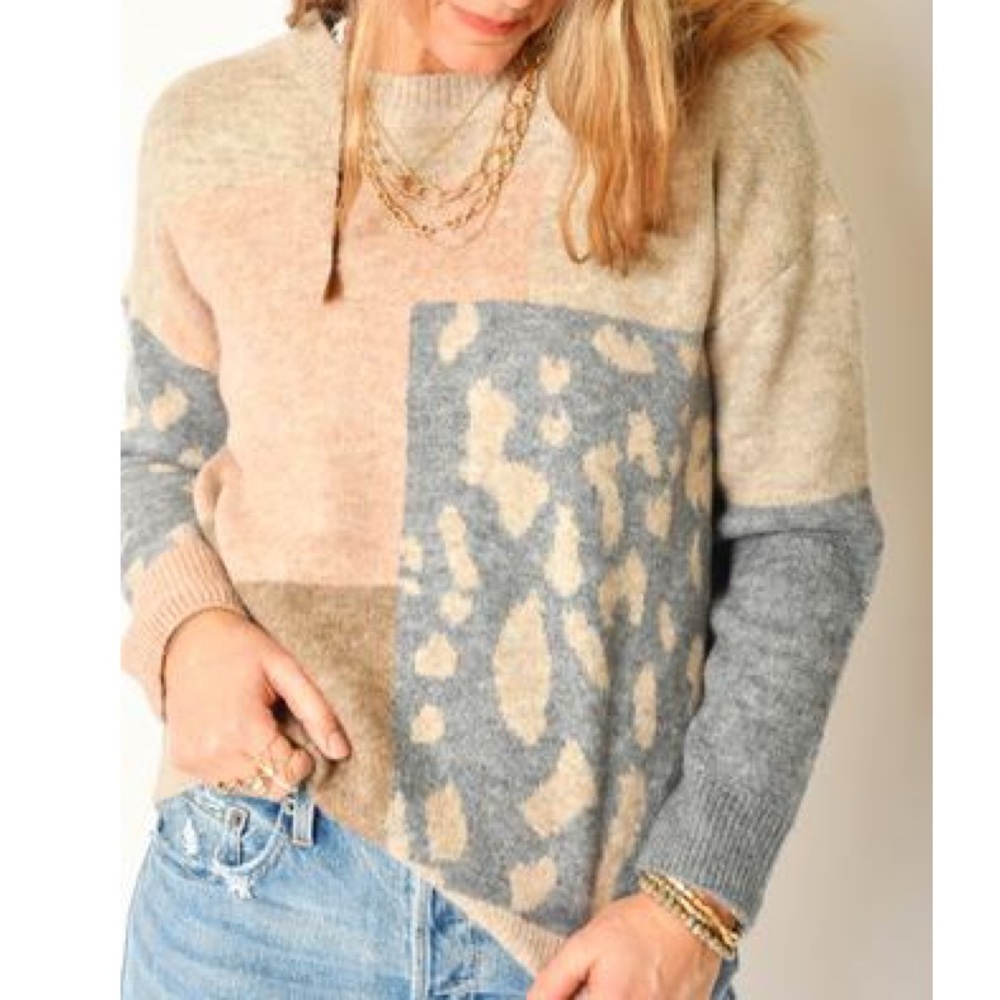 🔥HP!🔥 Leopard Colorblock Taupe Mix Sweater
